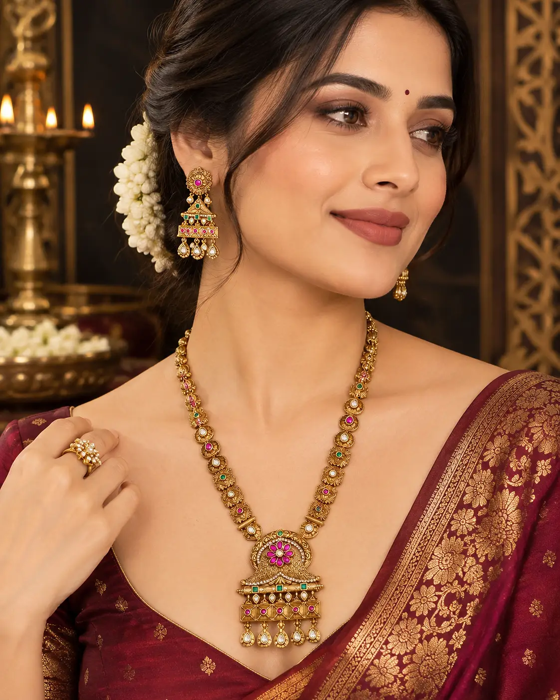 Antiqued Gold Kundan Dangle Earrings