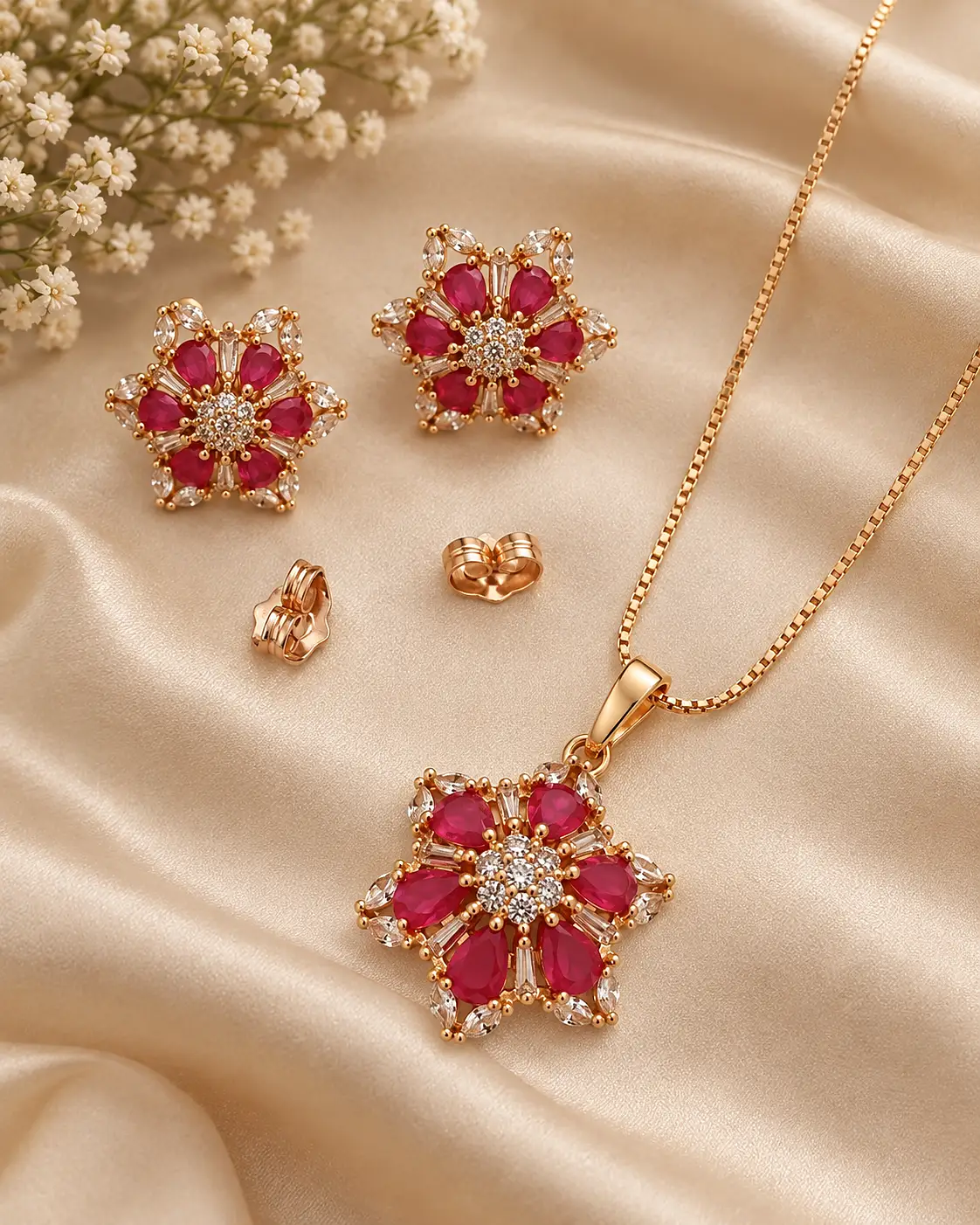 Ruby Floral Star Pendant (or Gold & Ruby Flower Pendant)