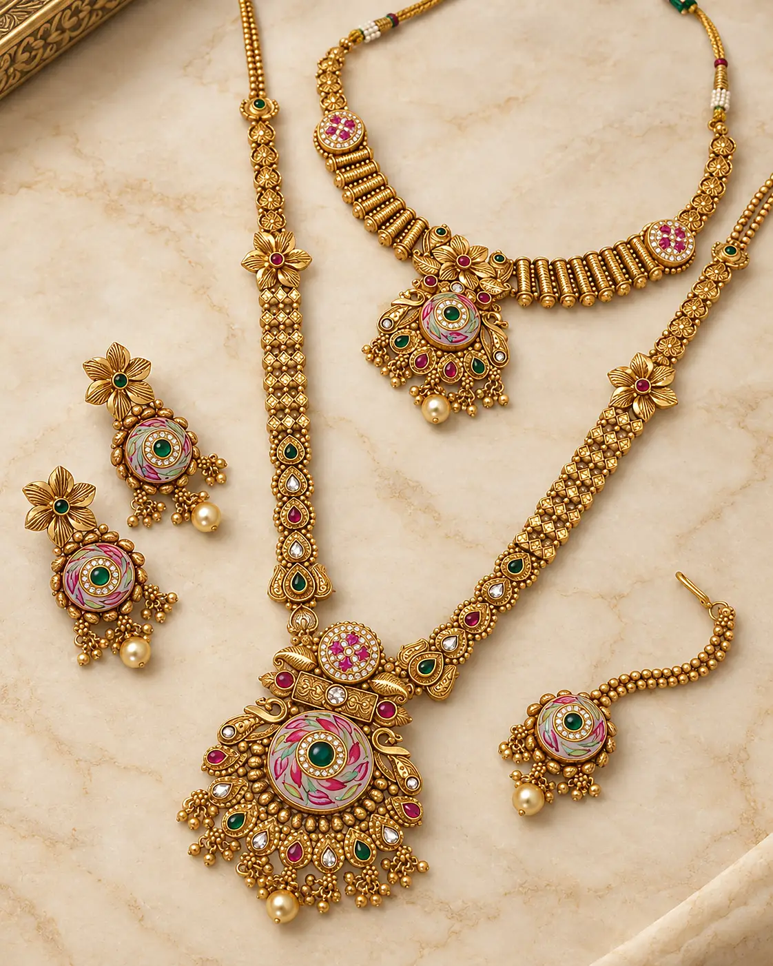 Traditional Gold Plated Lotus Meenakari Necklace Set