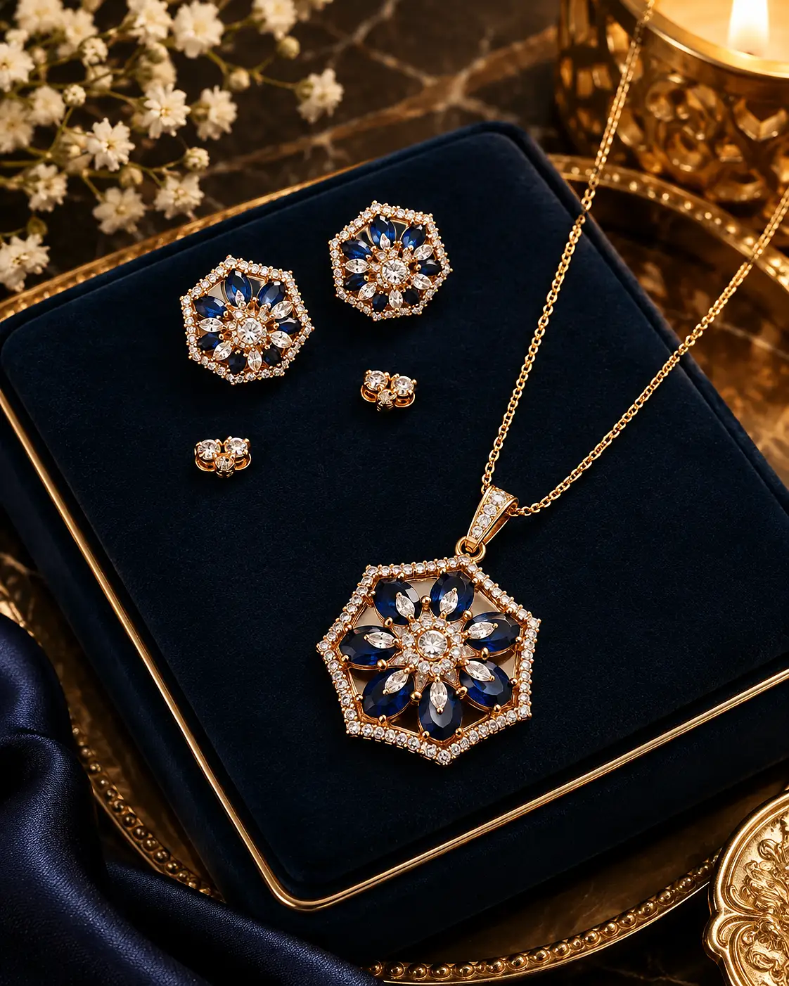 Hexagonal Sapphire Floral Pendant